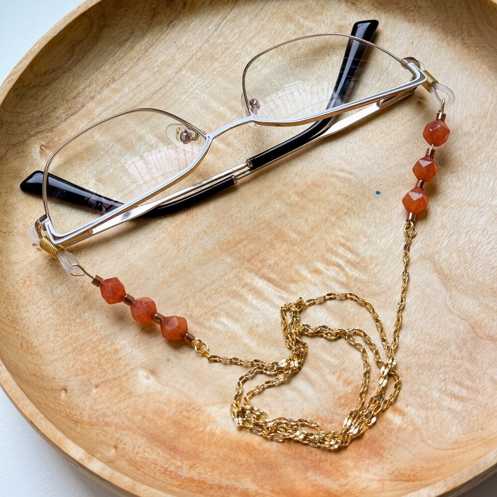 Gold Eyeglass Chain with Faceted Orange Gemstone Beads Glasses Holder
